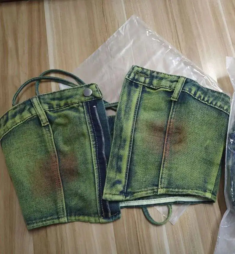 DEAT Women's Denim Skirts Tie-dye Green Irregular Spliced Multiple Pockets Cargo Mini Skirt 2025 Summer New Fashion 29L3411