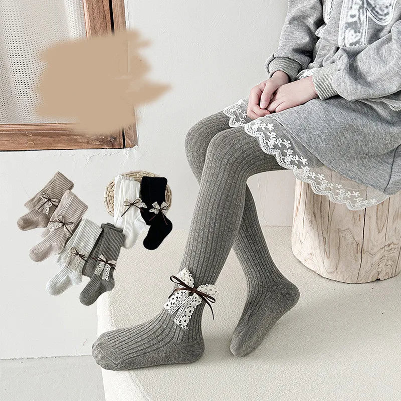 Children Cotton Tights Girls Cute Princess Bowknot Pantyhose Kids Stocking Baby Girls One-Piece Pantyhose Infant Knitted Tights