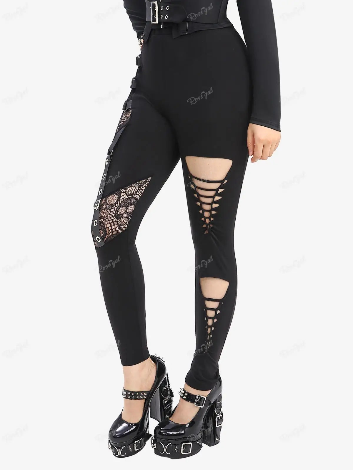 ROSEGAL Plus Size Women Elastic Waist Pants Black Gothic Fishnet Hollow Out Patchwork Buckle Grommet Skinny Pant Bottoms