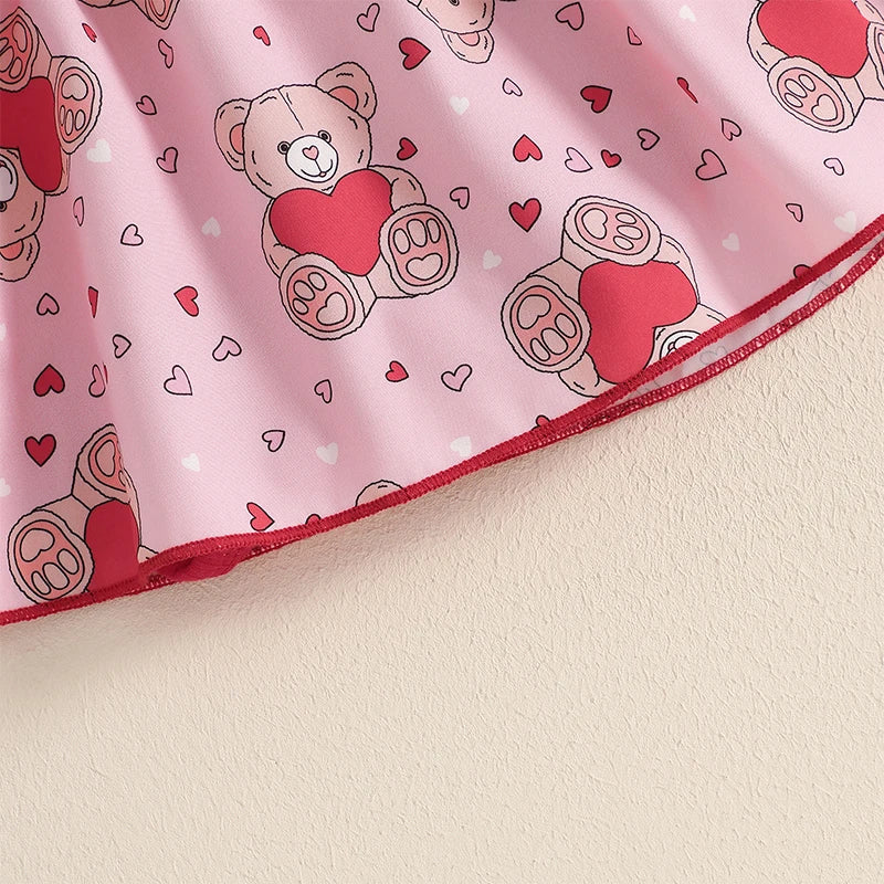 Infant Girls Rompers Dress Valentine s Day Outfit Bear Heart Print Skirt Hem Long Sleeve Spring Jumpsuits with Matching