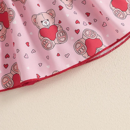 Infant Girls Rompers Dress Valentine s Day Outfit Bear Heart Print Skirt Hem Long Sleeve Spring Jumpsuits with Matching