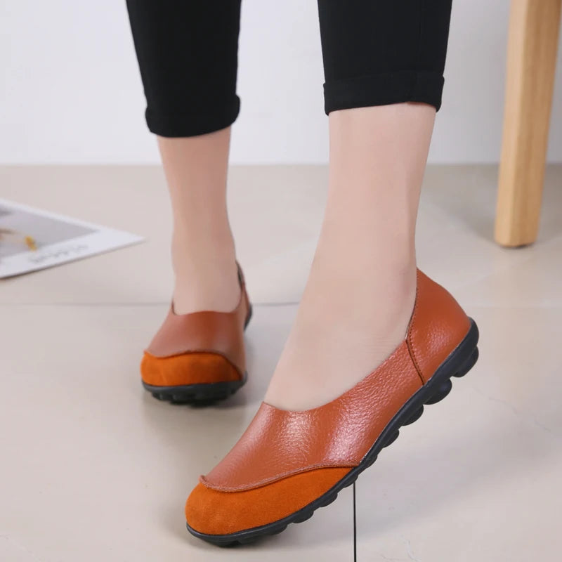 Women's shoes casual flat walking low heel loafers leather solid color large size casual single shoe work shoes44