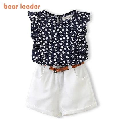 Bear Leader New Summer Casual Children Sets Chiffon Flowers Blue Girls Clothing Sets Kids Summer Set for 3-7 Years
