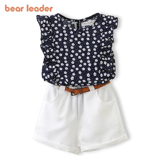 Bear Leader New Summer Casual Children Sets Chiffon Flowers Blue Girls Clothing Sets Kids Summer Set for 3-7 Years