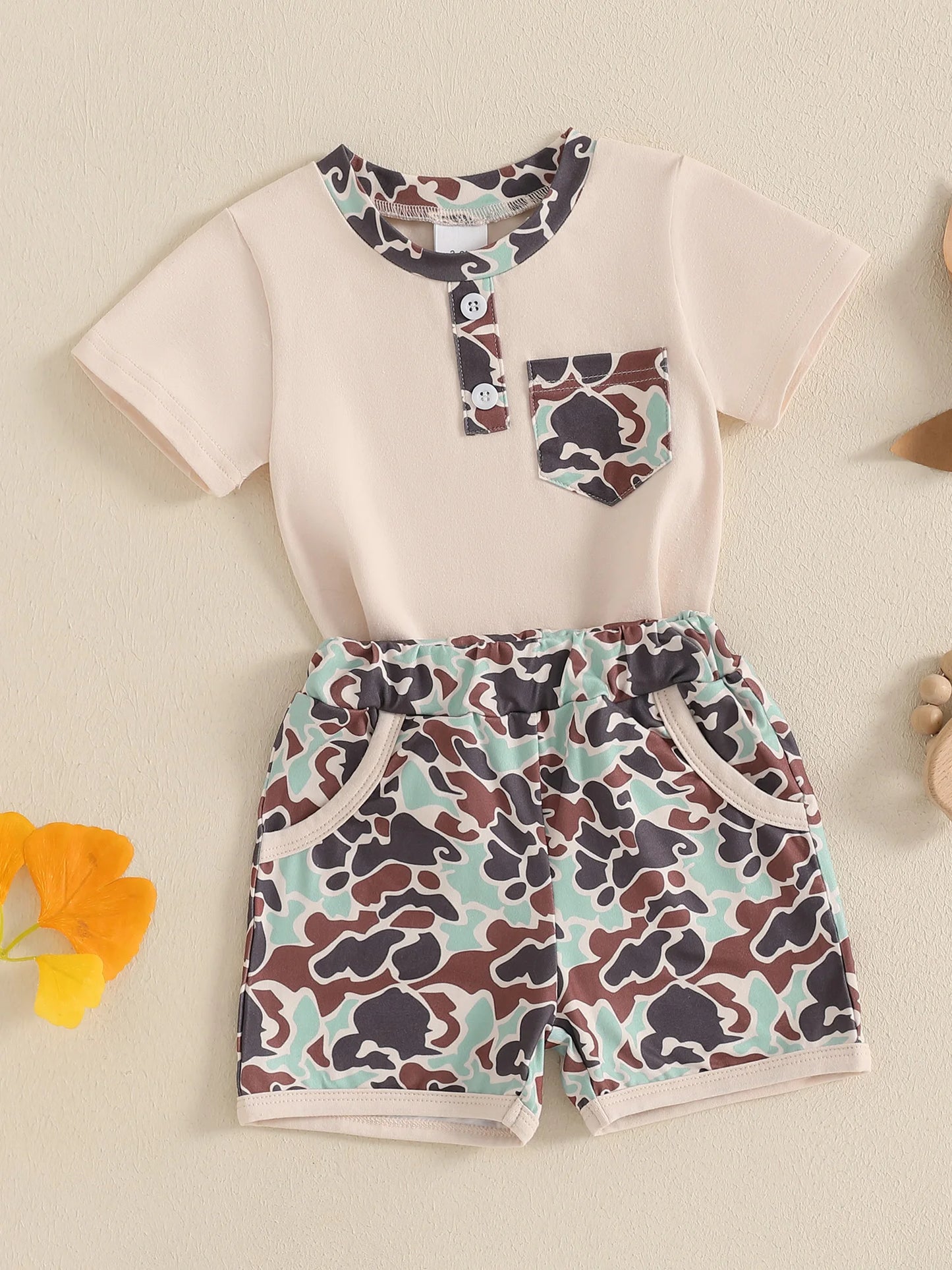 Boys Casual Summer Outfits Short Sleeve T-Shirts and Camouflage Shorts Set with Elastic Waistband for Toddlers 2 Pieces