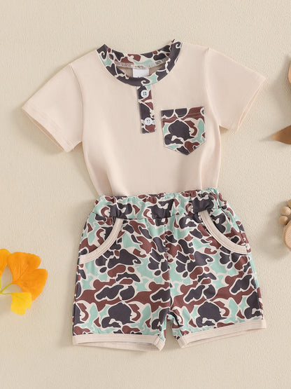 Boys Casual Summer Outfits Short Sleeve T-Shirts and Camouflage Shorts Set with Elastic Waistband for Toddlers 2 Pieces