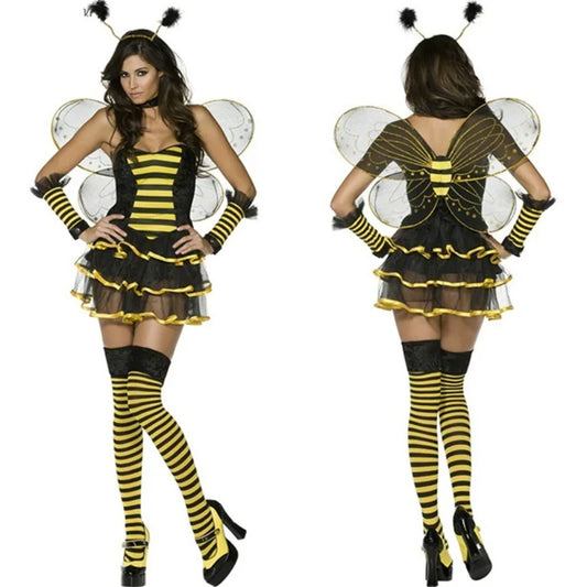 Women Halloween Bee Costume Set Sleeveless Cami Bodysuit with Cute Headband and Mesh Wing