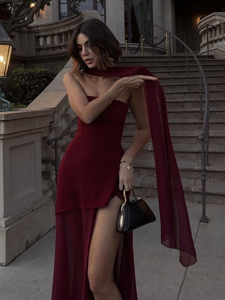 2025 Summer Women Fashion Strapless Dress With Ribbon Patchwork Elegant Sleeveless Mesh Split Dress Vacation Beach Long Dresses