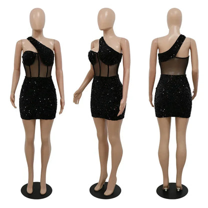 Skinny Slim See Through Mesh Women Sexy Dress Sequin Glitter Shoulder Nightclub Dress Red / Black