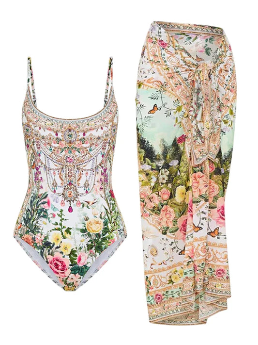 Fashion Floral Print Vintage Elegant Oil Print One Piece Women's Bikini Swimsuit U Neck Backless With Long Cover Up 2024 Summer