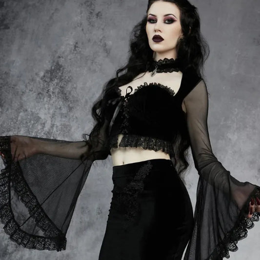 Goth Sexy Lace Mesh Flared Long Sleeve Corset Crop Tops Y2K Harajuku Vintage Aesthetic Black T-shirts Women Tops Tees Streetwear