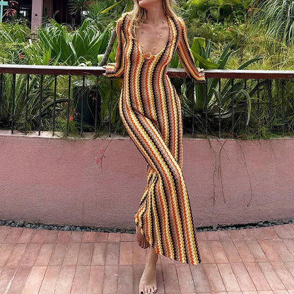 Autumn Colorful Striped Printed Dress Beach Wrap Hip Long Sleeve Party Dress Sexy Lady V Neck High Waist Slim Holiday Dress