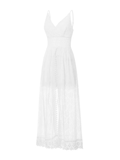 2025 Summer Women Lace Playsuit Dress Sleeveless V Neck Hollow Out Irregular Midi Dress Sexy Elegant Casual Bohemian Dresses