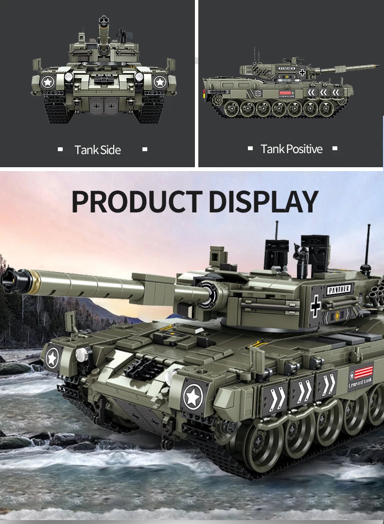 WW2 Military Leopard 2A4 Battle Tank Series Building Blocks Brick Model MOC Army Weapon Boy Set Kid Toy Childrens Christmas Gift