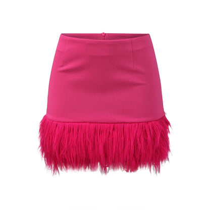 Pink Feather Spliced Skirts for Women 2024 Summer Women's Fashion Feather Tassel Short Skirt High Waist Slim Party Club Skirts