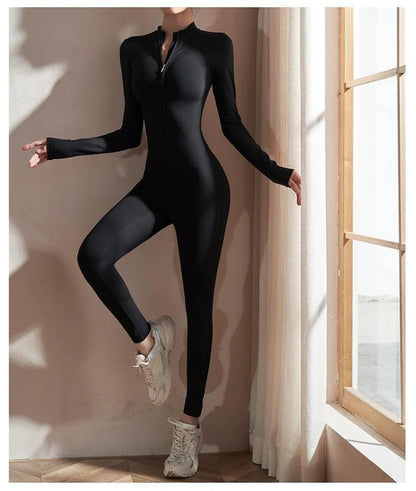 Womens Jumpsuits Long Sleeve Yoga Slim Fit Stretch One Piece Romper Sexy Fitness Female Basic Sportwears Tight Zipper