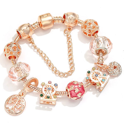 Spring Style Charms Bracelets For Women With Snake Chain Pink Daisy DIY Charms Beads Pendants Fashion Jewelry Dropshipping