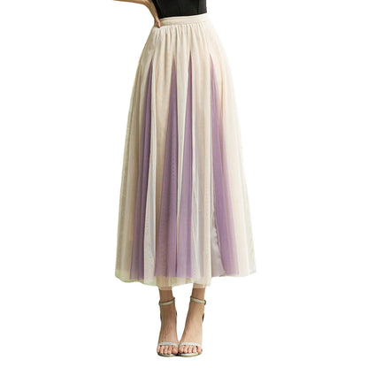 Women Color Block A-line Skirt Mid Length Drape Feeling High Waist Slim Mesh Skirts Carnival Festival Party Performance Costume