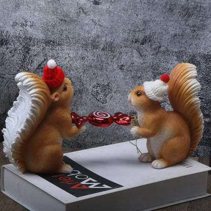 1 set of Christmas squirrels holding gifts and holiday decorations