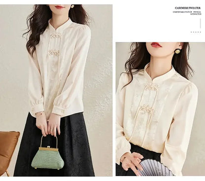 Early Spring Tops for Women Shirts for Spring Wear 2025 New French Temperament New Chinese Puff Sleeve Cardigan