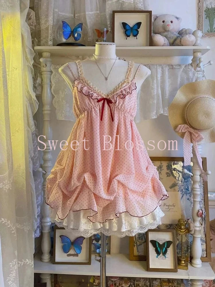 Japanese Fashion Sweet Cute 2 Piece Set Women Mini Lace Tops + Polka Dot Dress New Fit Chic Kawaii Fluffy Retro Suit Summer 2025
