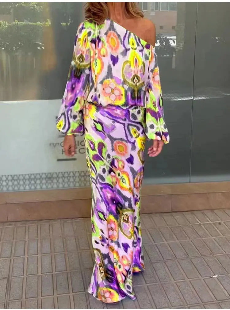 Autumn Casual Loose Print Two-piece Women Off Shoulder T-shirt Asymmetrical Long Sleeved Top And Half Body Fishtail Skirt Set