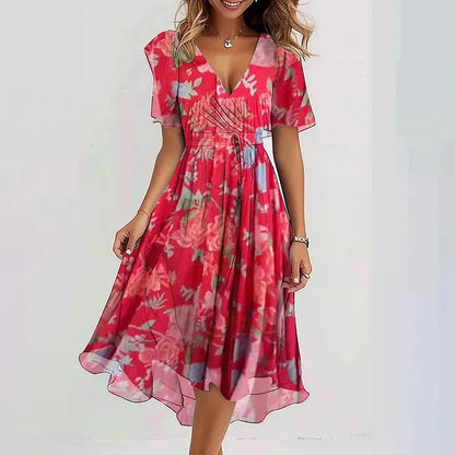 Elegant Sexy V Neck Floral Chiffon Mini Skirt Ladie Summer High-waisted Short Sleeve A-Line Bohemian Dress Evening Dress