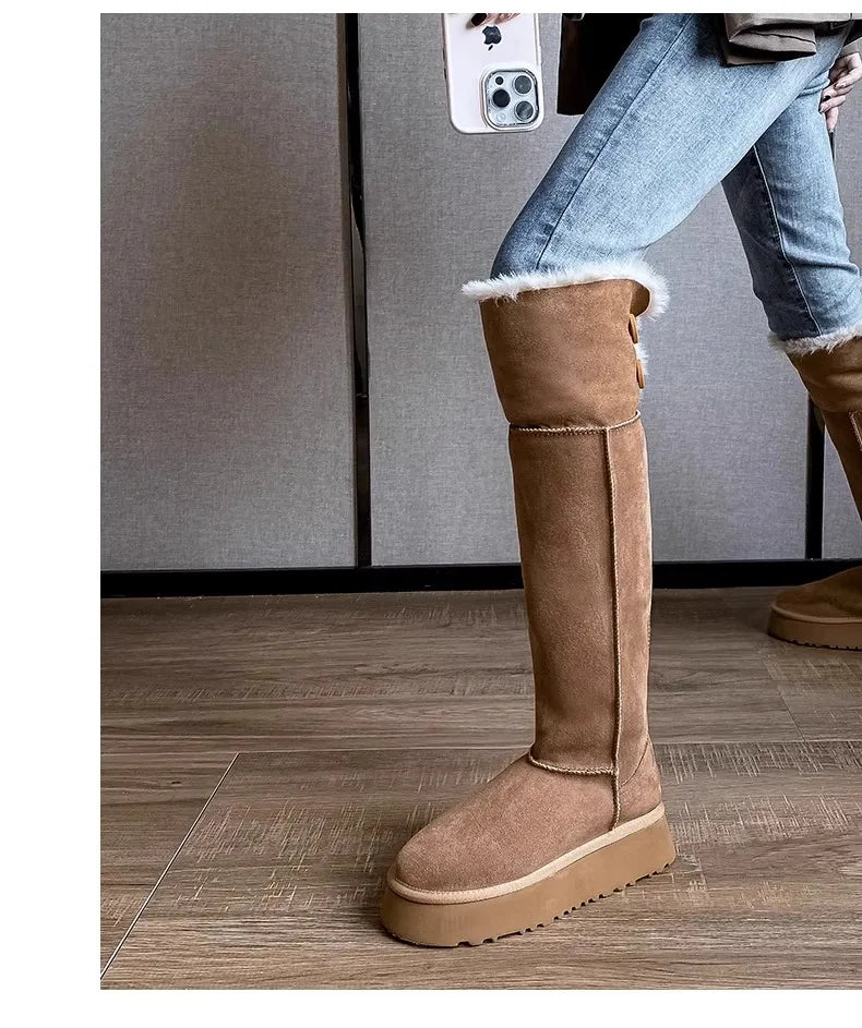 Turned-over Edge Knee-high Snow Boots Flat with Slip-on Ladies Shoes 2024 High Quality Round Toe Mid Heel Concise Women's Boots