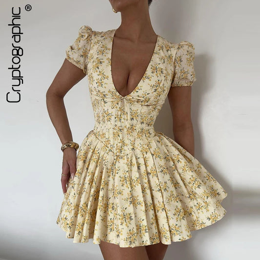 Cryptographic Elegant Puff Sleeve Corset Floral V Neck Mini Dress Fairy Grunge Outfits Fashion Vintage Dresses Holiday Vestido