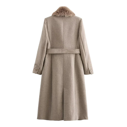 Women's Belt Warm Fur Collar Coat Flip Collar Pocket Button Decoration Autumn/Winter New Women's Wear