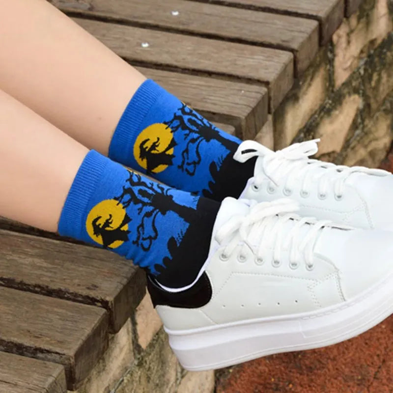 Halloween Harajuku Characteristic Couple Socks Funny Bat Pumpkin Lantern Wizard Ghost Print Men's Women's Middle Tube Socks