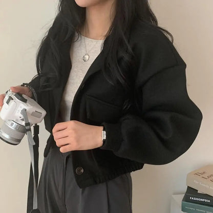 Autumn and Winter Loose Wool Coat for Women's Pocket Stand Collar Top Long Sleeve Button Hong Kong Style Wool Coat