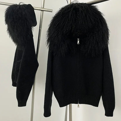 Coat Women Cardigan Natural Fox Fur Coat Women Real Mongolian Fur Knitwear Female Spring Autumn Hooded Knitted Fur Jacket