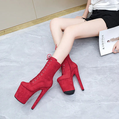 20CM Women ANKLE Boots 2025 Spring/Autumn Platform Red Flock High Heels Round Toe Thick Bottom Side Zipper Short Boots Female