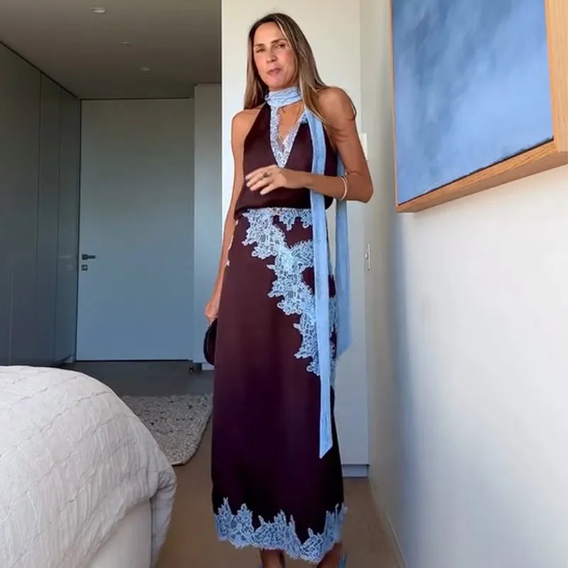 Contrast Patchwork Lace Maxi Skirt Suit Women Satin V-neck Sleeveless Skirts Suits 2025 Lady Summer Casual Daily 2 Pieces Set