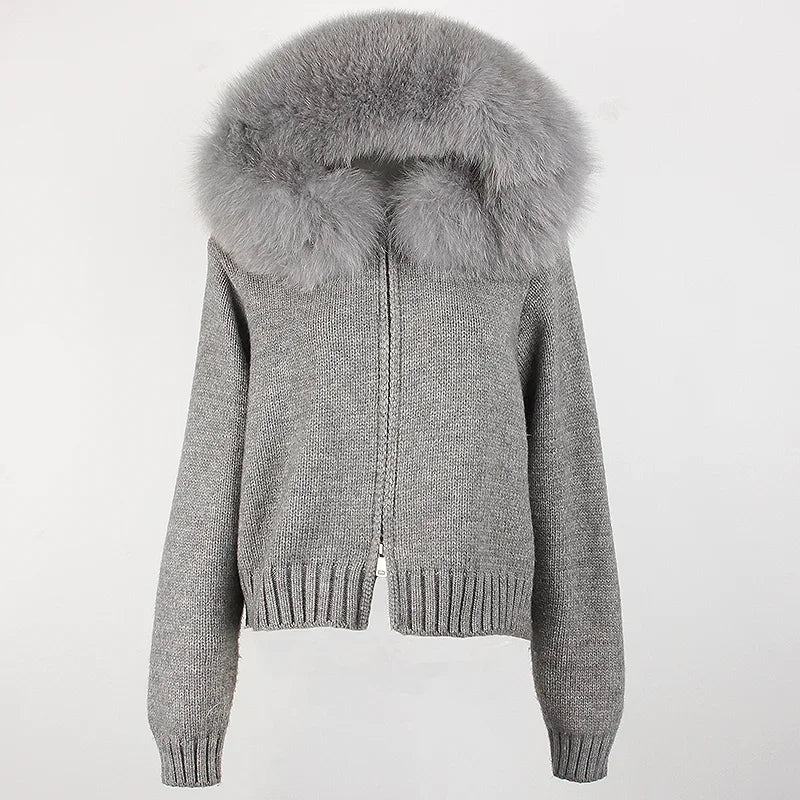 Coat Women Cardigan Natural Fox Fur Coat Women Real Mongolian Fur Knitwear Female Spring Autumn Hooded Knitted Fur Jacket