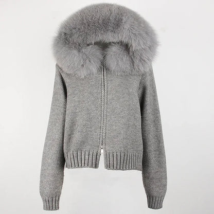 Coat Women Cardigan Natural Fox Fur Coat Women Real Mongolian Fur Knitwear Female Spring Autumn Hooded Knitted Fur Jacket