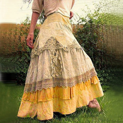 Women's 2025 Summer Boho Tiered Long Lace Skirt Maxi Flared Long Skirts For Women Fairy Casual Patchwork Layered Long Skirts