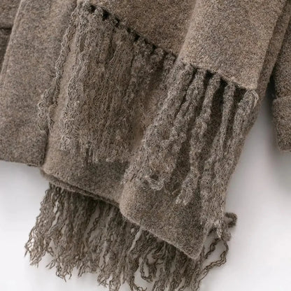 Women's Knitted Cardigan with Scarf Slim Casual Jacket Long Sleeve Patchwork Pocket Jacket Elegant Office Women's Sweater