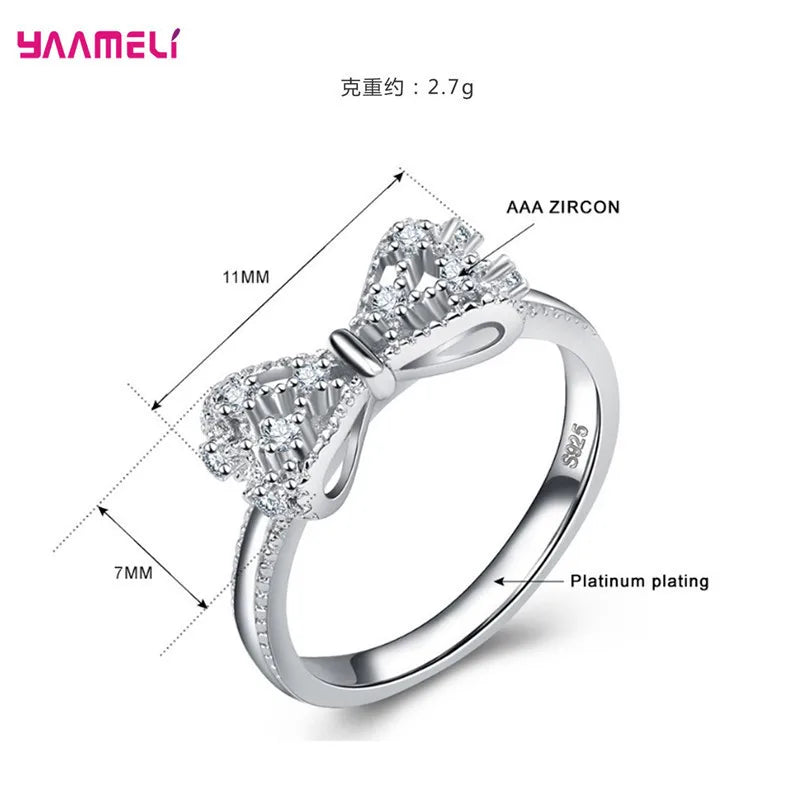 Sparkling 925 Sterling Silver Color Wedding Rings for Women Cubic Zircon Crystal Bowknot Fashion Engagement Ring