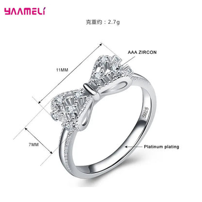 Sparkling 925 Sterling Silver Color Wedding Rings for Women Cubic Zircon Crystal Bowknot Fashion Engagement Ring