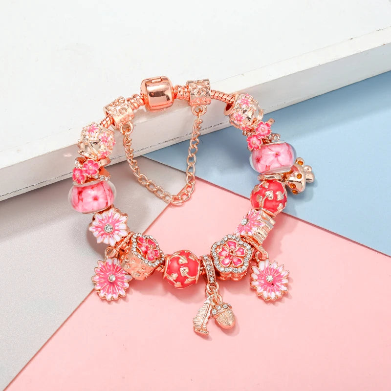 Spring Style Charms Bracelets For Women With Snake Chain Pink Daisy DIY Charms Beads Pendants Fashion Jewelry Dropshipping
