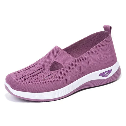EtherealBe lightweight women's walking flats in purple with breathable knit design and cushioned sole