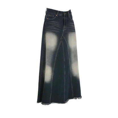 Vintage Denim Skirts For Women High Waisted Distressed Washable Blue A Line Dress High Street Style Fringe Hem Long Half Skirts