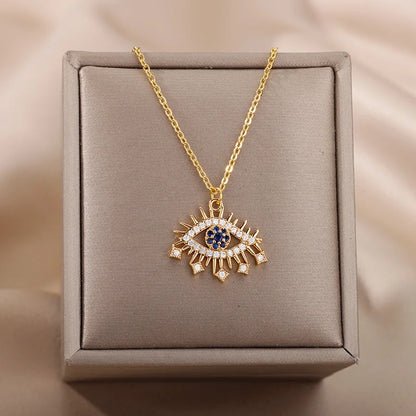 Zircon Evil Eye Necklaces for Women Stainless Steel Sun Pendant Chain Collier Necklace Fashion Turkey Eyes 2023 Goth Jewelry