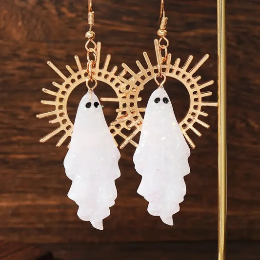 EtherealBe Halloween white ghost earrings with sparkling design and sunburst accents