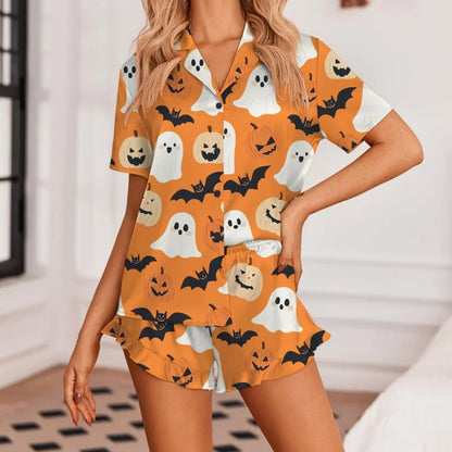 Women Halloween Pajama Set Pumpkin Short Sleeve Button-up Tops Elastic Waist Shorts 2 Piece Sleepwear Outfit