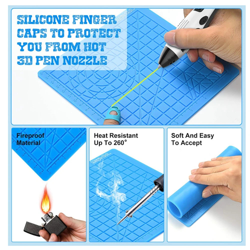 3D Printing Pen Silicone Pad with Basic Template with 2 Silicone Finger Caps 3D Pen Drawing Template Christmas Gift for Kids