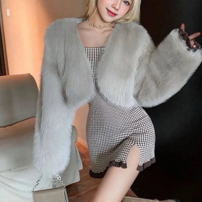2025 Women Winter Plus Size Faux Fur Cropped Coat Female Furry Long Sleeve Plush Jacket Lady Large Fake Fur Warm Fluffy Cardigan