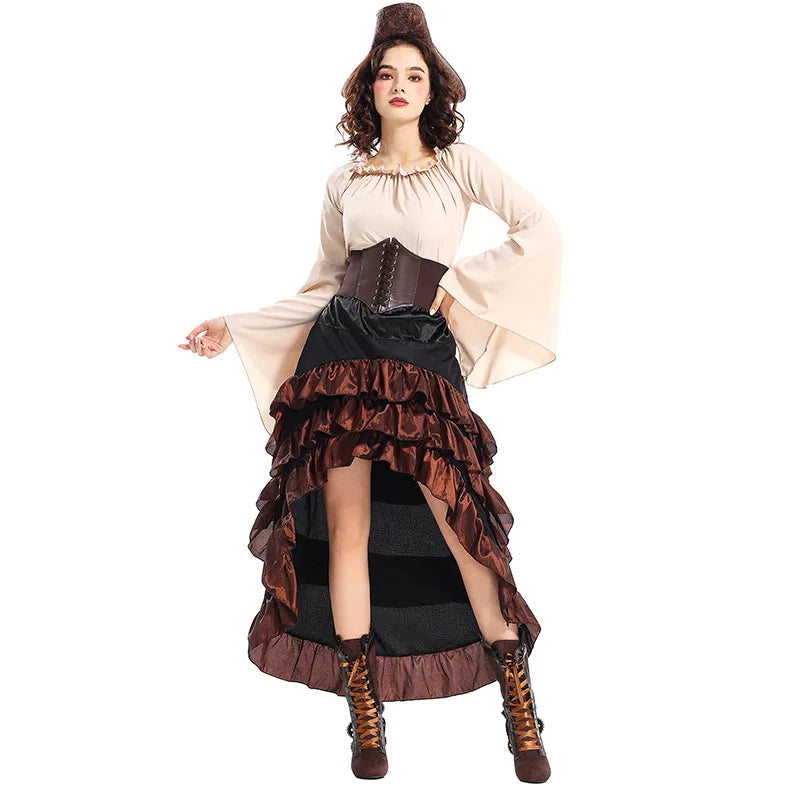 Halloween Womens Cosplay Medieval Pirate Costume Top Corset Skirt Hat Retro Voyager Dress Carnival Play Suit Party Fancy Dress